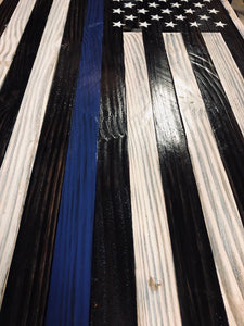 Thin Blue Line American Flag Rustic Wood 37"x20"