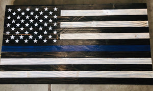 Thin Blue Line American Flag Rustic Wood 37"x20"