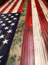 Load image into Gallery viewer, American Flag Rustic Wood with Camouflage Stripe 37&quot;x20&quot;