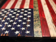 Load image into Gallery viewer, American Flag Rustic Wood with Camouflage Stripe 37&quot;x20&quot;