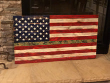 Load image into Gallery viewer, American Flag Rustic Wood with Camouflage Stripe 37&quot;x20&quot;