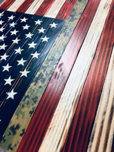 Load image into Gallery viewer, American Flag Rustic Wood with Camouflage Stripe 37&quot;x20&quot;