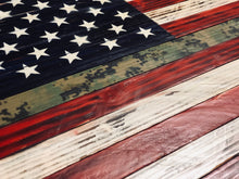 Load image into Gallery viewer, American Flag Rustic Wood with Camouflage Stripe 37&quot;x20&quot;