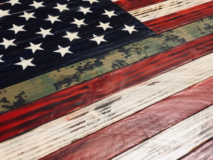 American Flag Rustic Wood with Camouflage Stripe 37"x20"