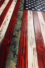 Load image into Gallery viewer, American Flag Rustic Wood with Camouflage Stripe 37&quot;x20&quot;