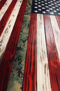 American Flag Rustic Wood with Camouflage Stripe 37"x20"